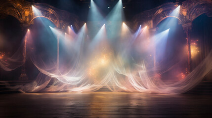 A Stage Mock-Up Decorated With Thin Translucent Colorful Fabric 
