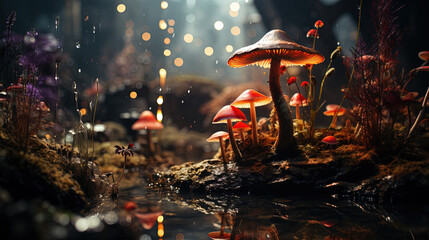 Mystical Glowing Colorful Mushroom in The Forest Bokeh Background