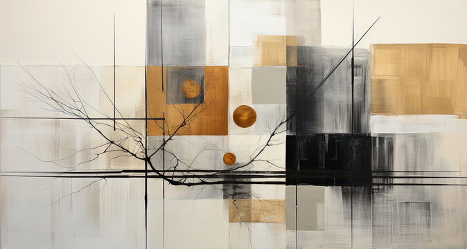 Grey, Yellow, Black and White Color Lines and Square Boxes Draw With Thick Paint Brush Strokes