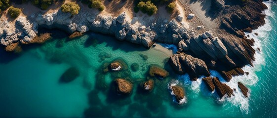 Sunny azure coast with a beautiful beach and a view, a little rocky shore. Cinematic, wide photo