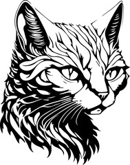 Monochrome vector illustration of a cat head for logo, symbol, sticker, tattoo t-shirt design, simple flat design on a white background