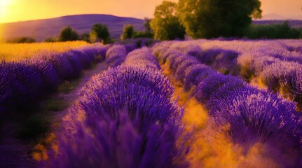 Enchanting Lavender Garden at Sunset - Serene Provence Landscape - obrazy, fototapety, plakaty