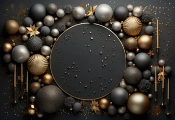 Photo sur Plexiglas Ballon design, gift, balloon, gold, anniversary, birthday, christmas, decoration, event, greeting. anniversary party is coming to celebrate. luxury decoration, black and gold balloon put in background.
