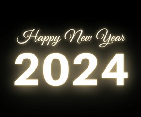 Happy new year 2024  golden glowing neon text on dark background