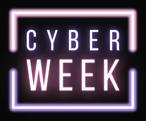 Cyber week banner glowing neon purple pink text on dark background for store, shop, social media, ecomm, promotion, offer