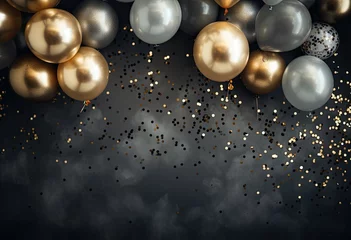 Foto auf Acrylglas design, gift, balloon, gold, anniversary, birthday, christmas, decoration, event, greeting. anniversary party is coming to celebrate. luxury decoration, black and gold balloon put in background. © sornthanashatr