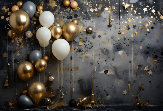 design, gift, balloon, gold, anniversary, birthday, christmas, decoration, event, greeting. anniversary party is coming to celebrate. luxury decoration, black and gold balloon put in background.