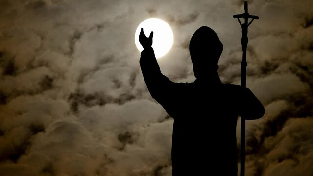 The Pope By Night with Dark Atmosphere, Fog, Smoke, Full Moon and Dark Silhouette of Catholic Church Symbol and Head