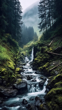 Beautiful Mountains and Waterfalls in Dark Foggy Forest