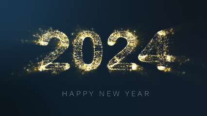 Dust particles form 2024 Happy New Year, Gold  particles on dark blue background.