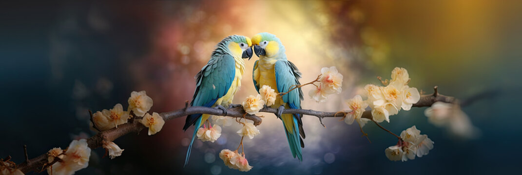 parrots sitting on the flowering tree branch.