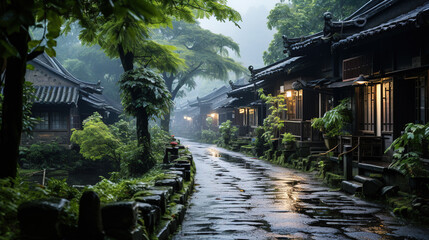 Fototapeta na wymiar Wet Road of Chinese Ancient Village Foggy Mountains and Old Traditional Houses