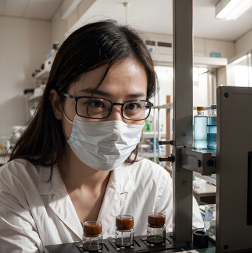 Asian female scientist using microscope and test tubes in laboratory., AI Generative