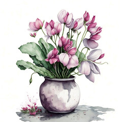  Vase of cyclamen clipart white background illustration created with AI generative technology tools