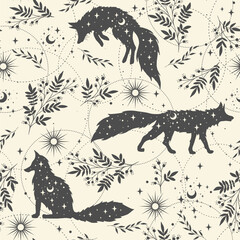 Magical seamless pattern with fox, plants, stars, moons. Boho pattern. Can be used for fabric, wallpaper, textile.
