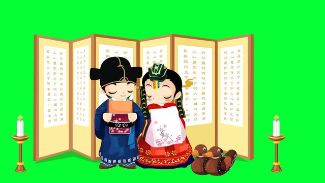 Chinese cartoon characters background and 2d animation, Chinese characters couple, traditional dress, fun, smile, event, marriage 