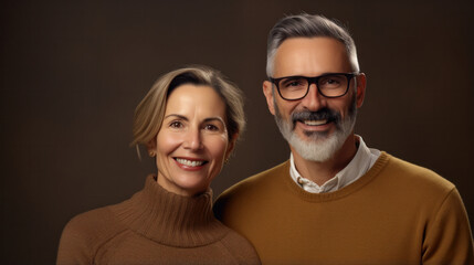 Smiling Middle-Aged Couple in Jumpers and Glasses: Daily Lifestyle Vibes on a Brown Background.