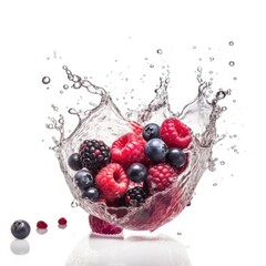 Mixed Berries falling in water splash on white background