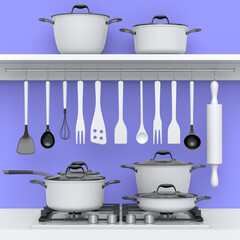 Set of kitchen utensil, stewpot, frying pan and chrome cookware hanging on shelf