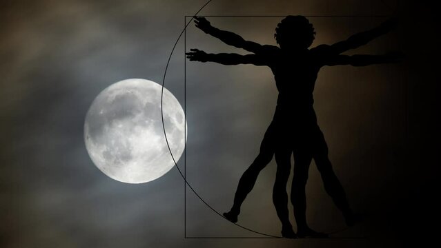Leonardo Da Vinci Vetruvian Man, the symbol of  human anatomy by Night with Full Moon in Background , Time Lapse and Copy Space