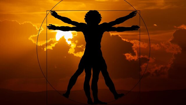 Leonardo Da Vinci Vetruvian Man, Time Lapse at Sunset with Red Sun, Fiery Sky and human anatomy symbol in Silhouette