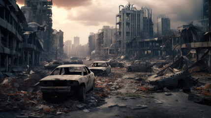 Urban Apocalypse: Devastated Cityscape with Ruined Buildings, Charred Vehicles, and Broken Roads.