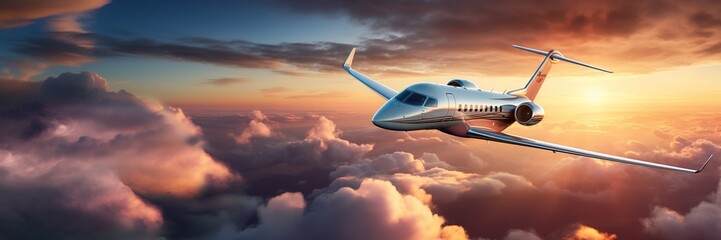 Luxury private jet flying above the clouds, beautiful sunset on background. Travel and airplane concept. Generative AI - obrazy, fototapety, plakaty