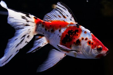 魚、金魚、カラフル、泳ぐ、水槽、水色、日本、模様、カラフル、白、赤、黒、浮く、水、綺麗、可愛い、観賞、水族館、東京、出目金、目、和風