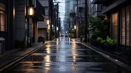 The Early Morning Casts a Black Matte Moody Atmosphere Over The Urban Living Street of Tokyo