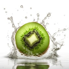 Kiwi fruit falling in water splash on white background