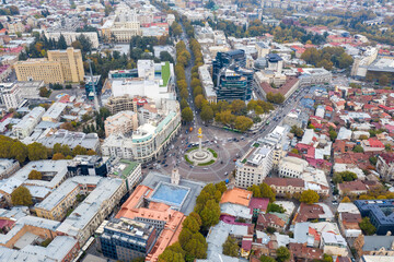 Fototapeta na wymiar Aerial view of Liberty Square on cloudy autumn day. Tbilisi, Georgia.