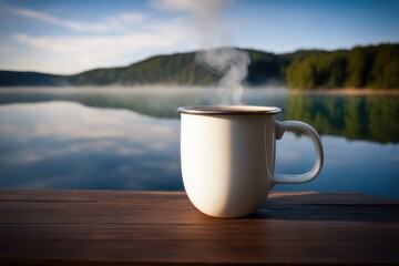 cup of tea on table at the lake
