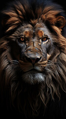 Naklejka premium A Big Fierce Male Lion Face Close-Up Selective Focus