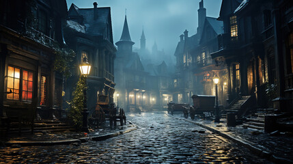 Fototapeta premium A Cobbled Victorian Street in London At Foggy Night