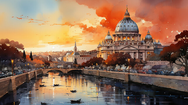 Watercolor Oil Painting of Rome City River Side Street With Bridge Colorful Soft Orange Background