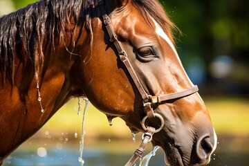 Beautiful Brown Horse Drinking Water from Hose. Closeup of Adorable Animal in Natural Background