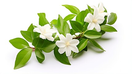 White Jasmine Flower with Fresh Green Leaves - Isolated on Pure Background