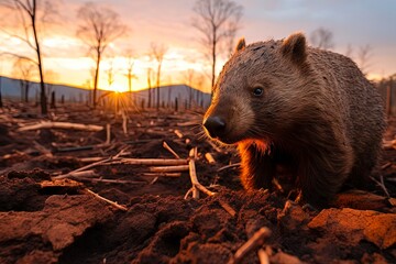 Wombat Searching for Food in Post-Bushfires Great Lakes, Tasmania: Wildlife in a Field of Devastation