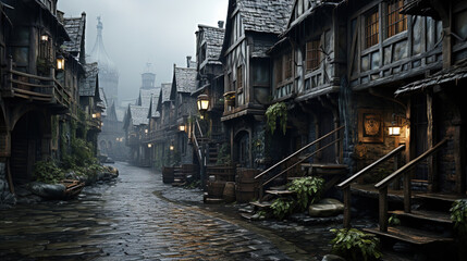 Medieval Times Dark Empty Streets With Stone Path Gray Skies