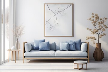 Living room design with empty frame mock-up | Mock-up frame in interior background,Empty living room with blue sofa, plants and table on empty white wall background, Generative AI