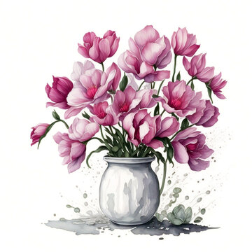  Vase of cyclamen clipart white background illustration created with AI generative technology tools