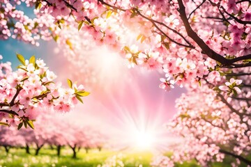 Obraz na płótnie Canvas Spring border or background art with pink blossom. Beautiful nature scene with blooming tree and sun flare