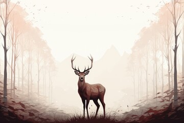 A Christmas background image for creative content featuring a reindeer looking straight ahead with a faded forest in the background. Illustration