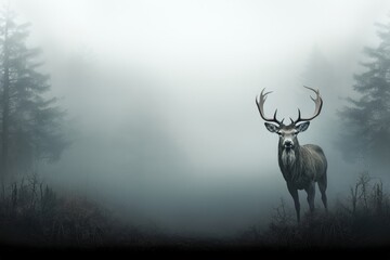A Christmas background image for creative content featuring a stoic reindeer gazing straight ahead in a serene, foggy forest setting. Photorealistic illustration