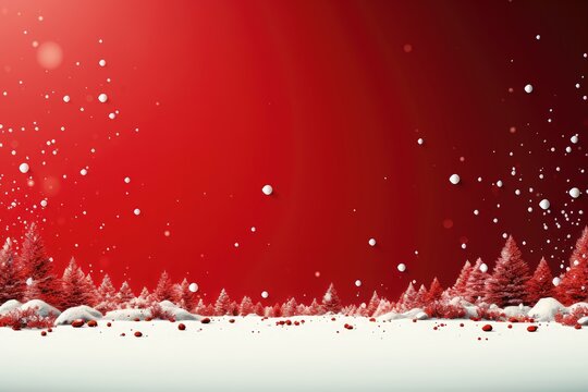 A Christmas background image for creative content showcasing a snowy forest against a festive red backdrop. Photorealistic illustration