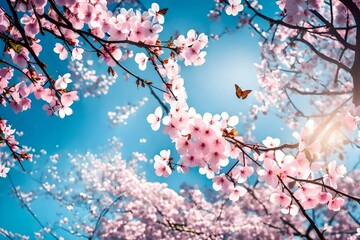 Concept of spring banner with branches of blossoming cherry against a background of a blue sky and butterflies in a natural