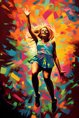 AI-generated image of a smiling blonde dancing girl in the night in the style of pop art