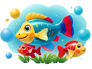 Naklejka premium Aqua Adventure: An Illustration Of Fish And Their Bubbly World