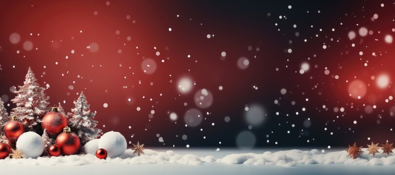 A wide-format Christmas background image, providing a generous and customizable central space, all set against a snowy Christmas red background. Photorealistic illustration