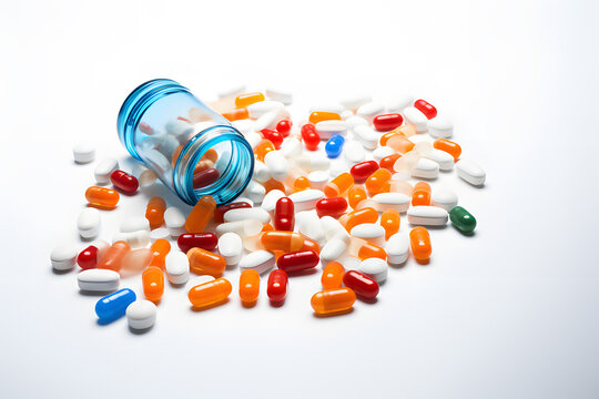 Many different colorful pills falling into bottle on light background.